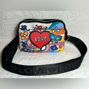 Brighton Power Of Love Crossbody Bag Color Art Flowers Heart  8”x 5” Wide Strap